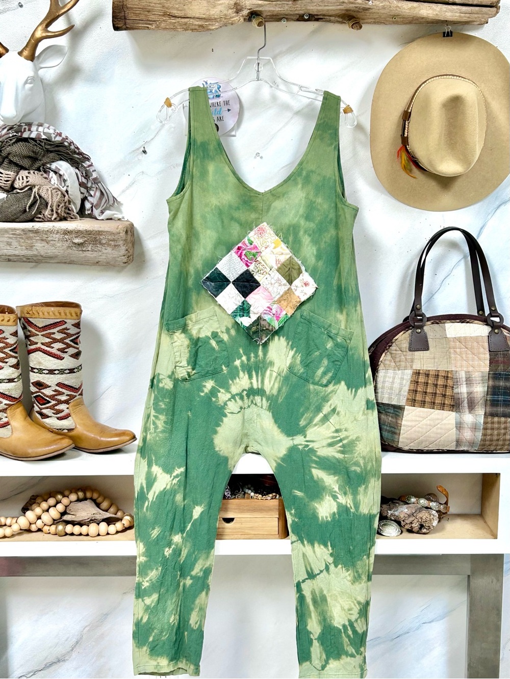 Upcycled patchwork Tie-Dye Romper Jumpsuit w cottagecore farmhouse hippy vibe